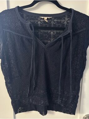 Rebecca Taylor Navy Lace Tie-Neck Short Sleeve Top